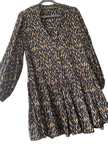 Zara ladies brown black animal print 3/4 sleeve button up smock floaty dress - Picture 2 of 7